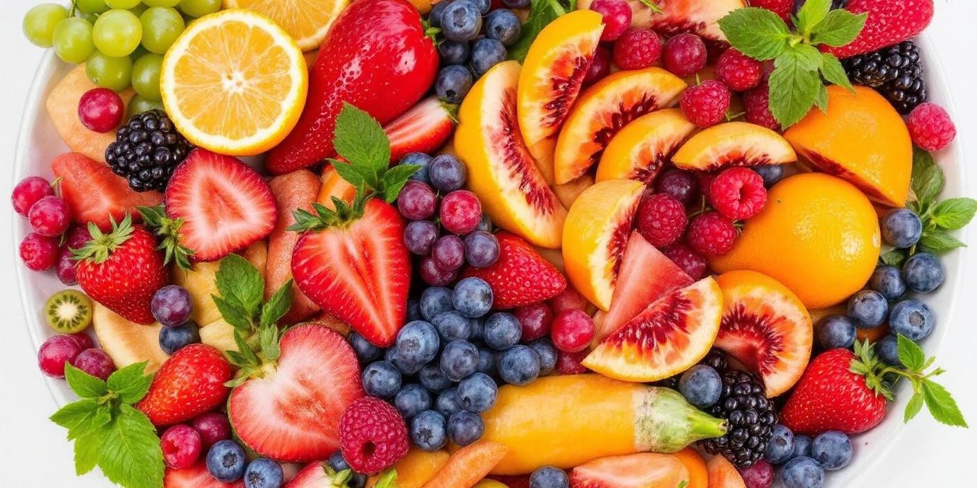 Frutas y verduras frescas brillando sutilmente.